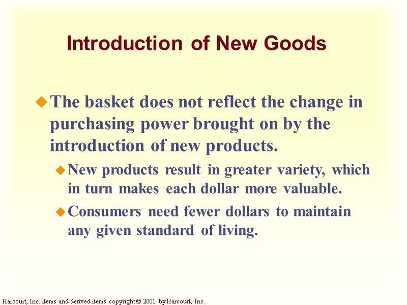Introduction of New Goods The basket does not reflect the change in purchasing power